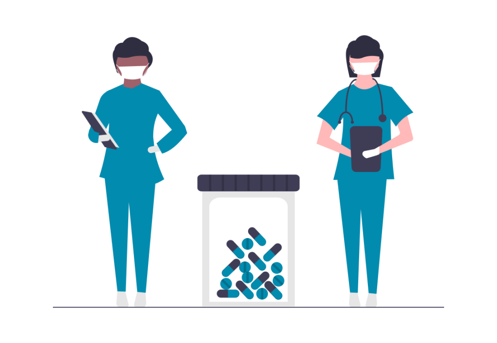 Illustration montrant deux infirmières et une boîte de médicaments