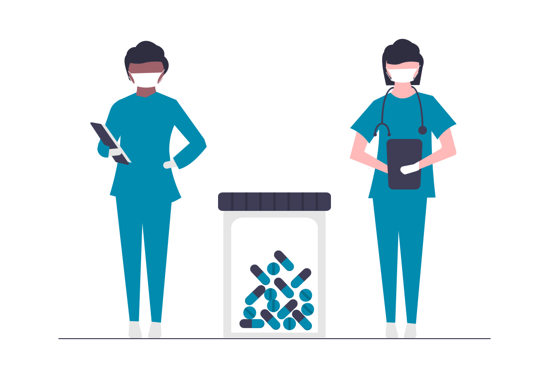 Illustration montrant deux infirmières et une boîte de médicaments