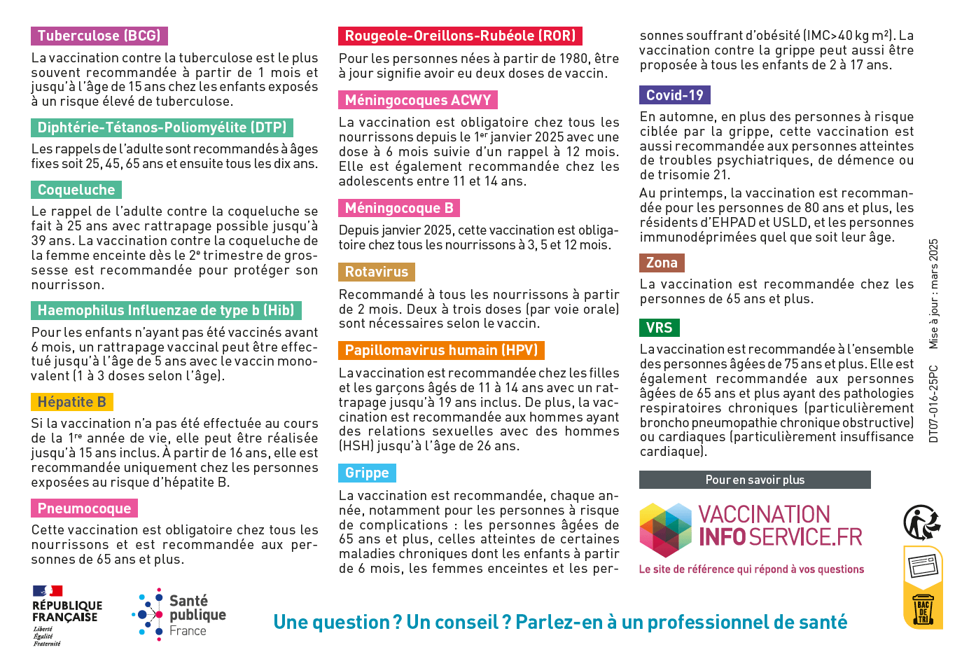 Informations sur tous les vaccins recommandés ou obligatoires, mise à jour de 2025